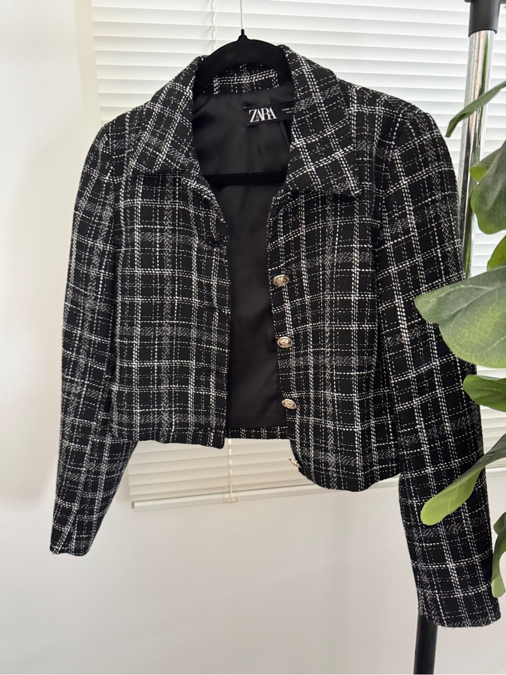Zara Black & White Tweed Boxy Jacket with Gold Buttons
